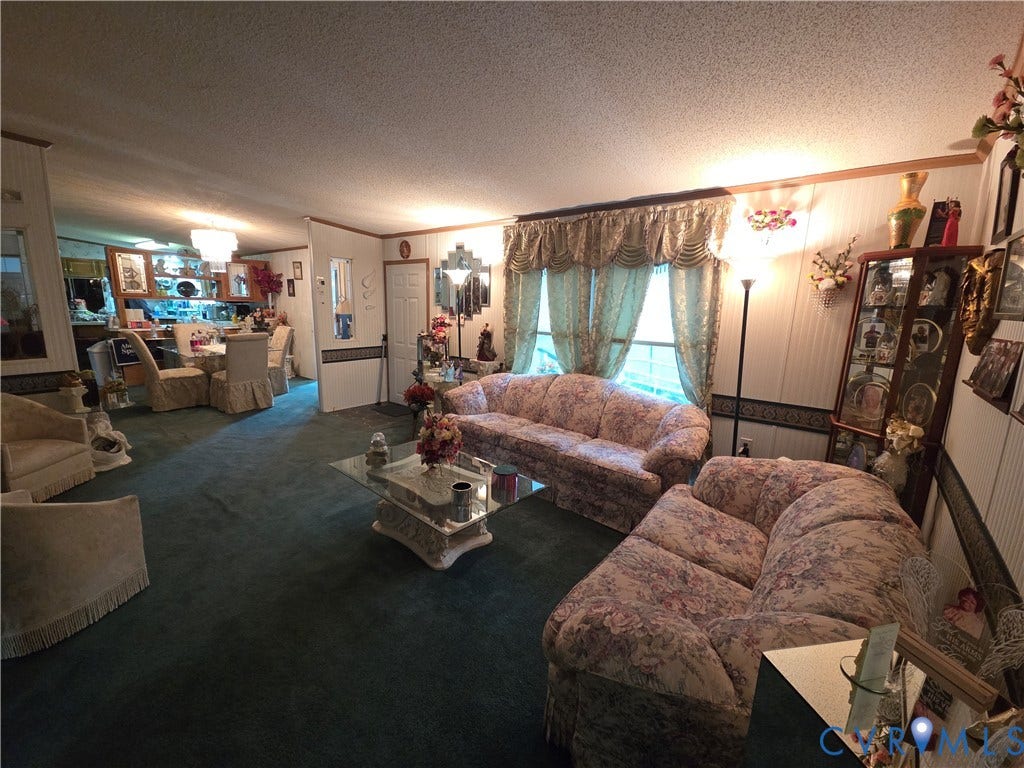 195 Concord Lane, Emporia, VA 23847 Living area featuring wall-to-wall carpeting, paneled walls, a built-in glass-front display cabinet, and a decorative partition wall