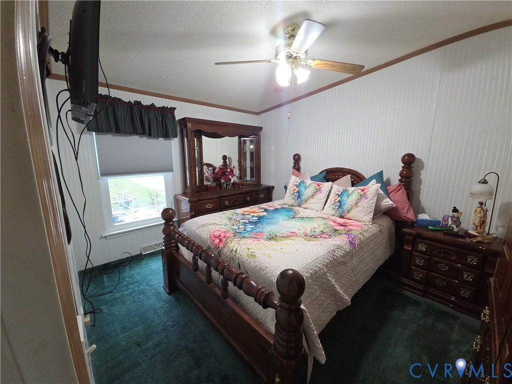 195 Concord Lane, Emporia, VA 23847 Room featuring vertical paneled walls, carpeted flooring, and a ceiling fan with integrated lighting