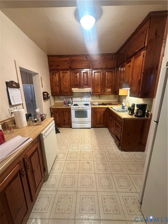 5 N Daisy Avenue, Henrico, VA 23075 Kitchen featuring stained wood cabinetry, white electric range, integrated range hood, double-basin sink, and patterned vinyl flooring