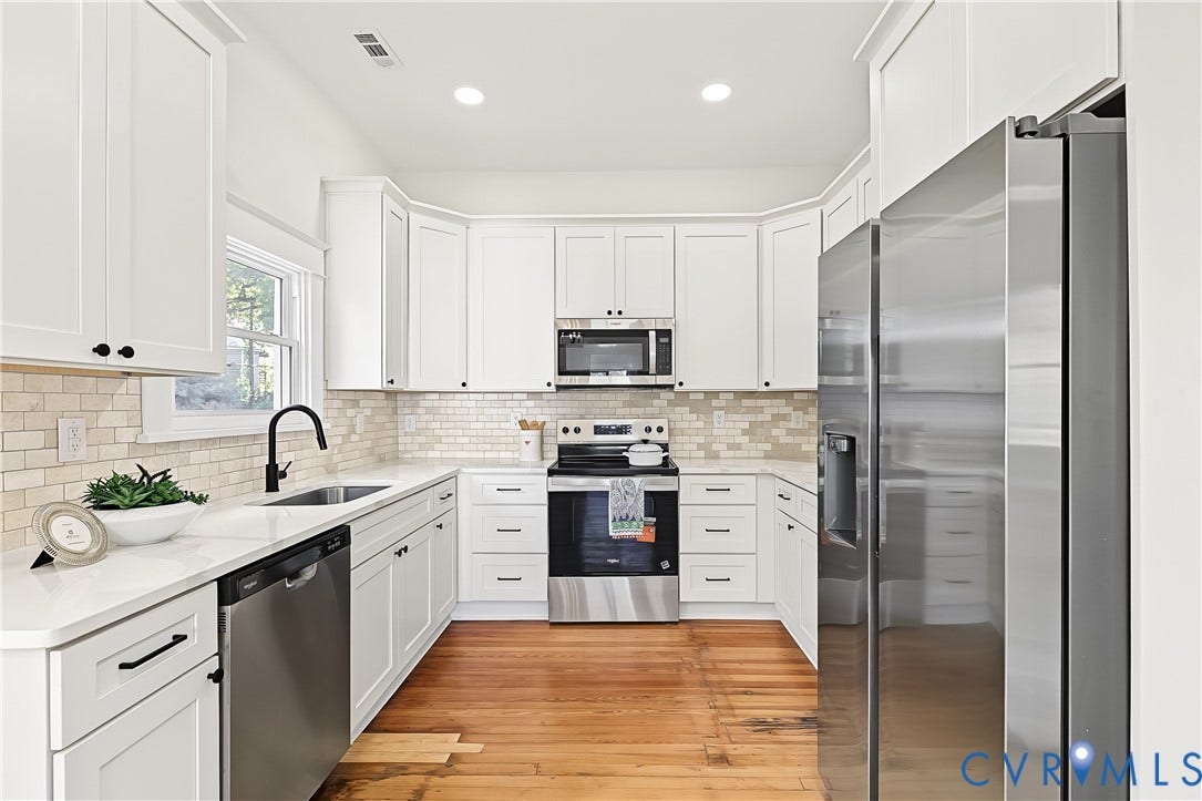 3500 Stockton Street, Weisigers Plan, Richmond, VA 23224 Kitchen featuring shaker-style white cabinetry, quartz countertops, subway tile backsplash, wood-finish flooring, and stainless steel appliances