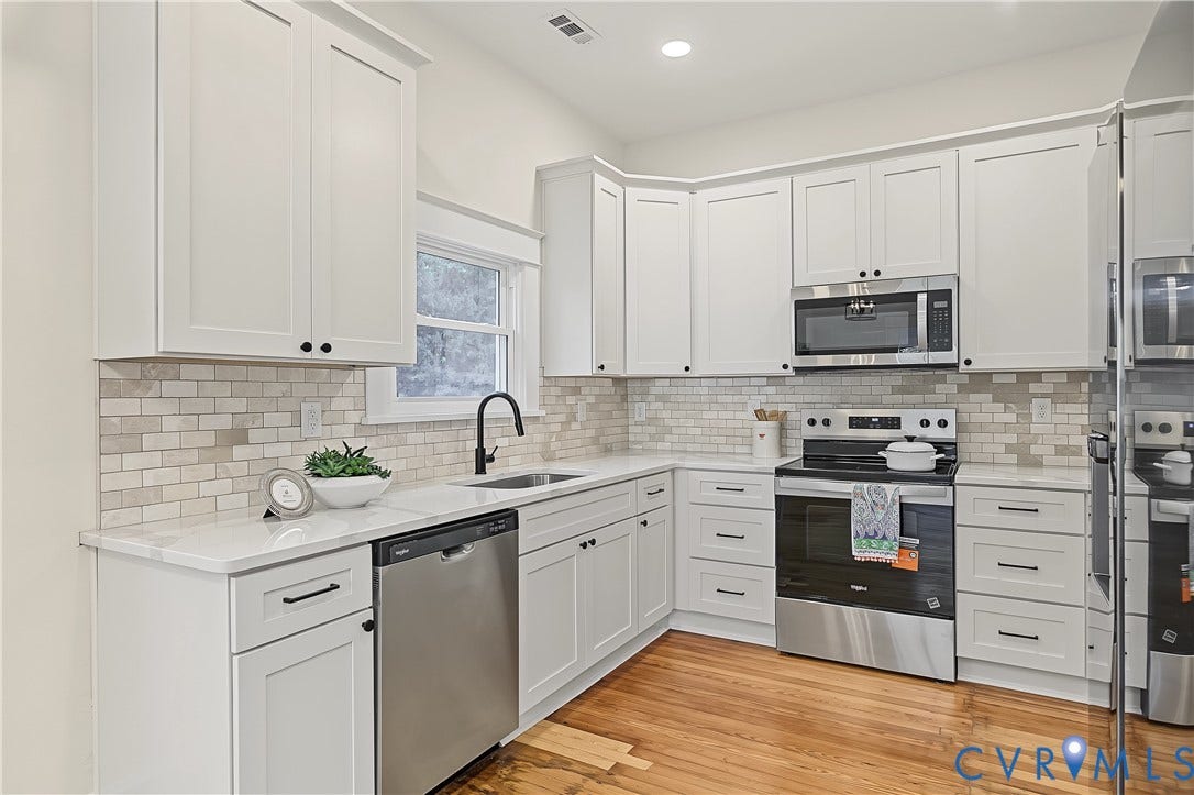 3500 Stockton Street, Weisigers Plan, Richmond, VA 23224 Kitchen featuring white shaker cabinetry, stone tile backsplash, stainless steel appliances, quartz countertops, and wood-finish flooring