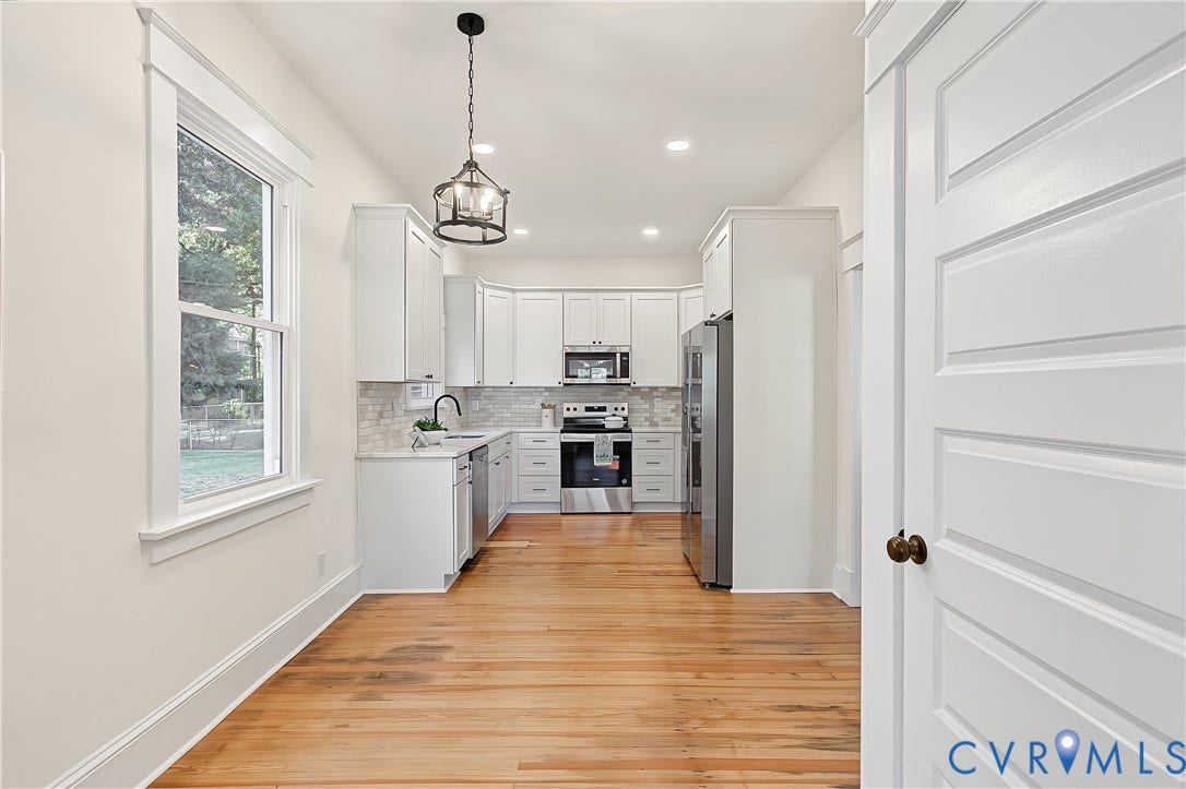 3500 Stockton Street, Weisigers Plan, Richmond, VA 23224 Kitchen featuring white shaker-style cabinetry, wood-finish flooring, stainless steel appliances, tiled backsplash, and decorative pendant lighting