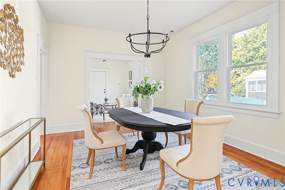 3500 Stockton Street, Weisigers Plan, Richmond, VA 23224 Hardwood flooring, double-hung windows with wide casing, and a matte black chandelier