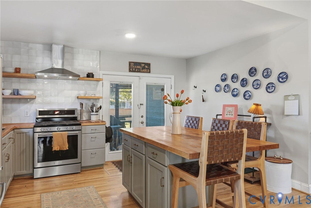 9 E 31st Street, Richmond, VA 23224 Kitchen featuring stainless steel range, custom wood shelving, center island with wood countertop, and wood-finish flooring