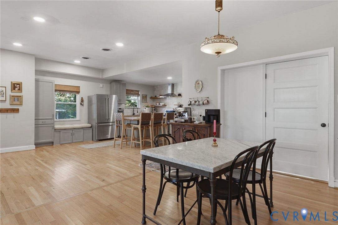 9 E 31st Street, Richmond, VA 23224 Kitchen featuring wood-finish flooring, recessed lighting, stainless steel refrigerator, built-in cabinetry, and a decorative overhead pendant light