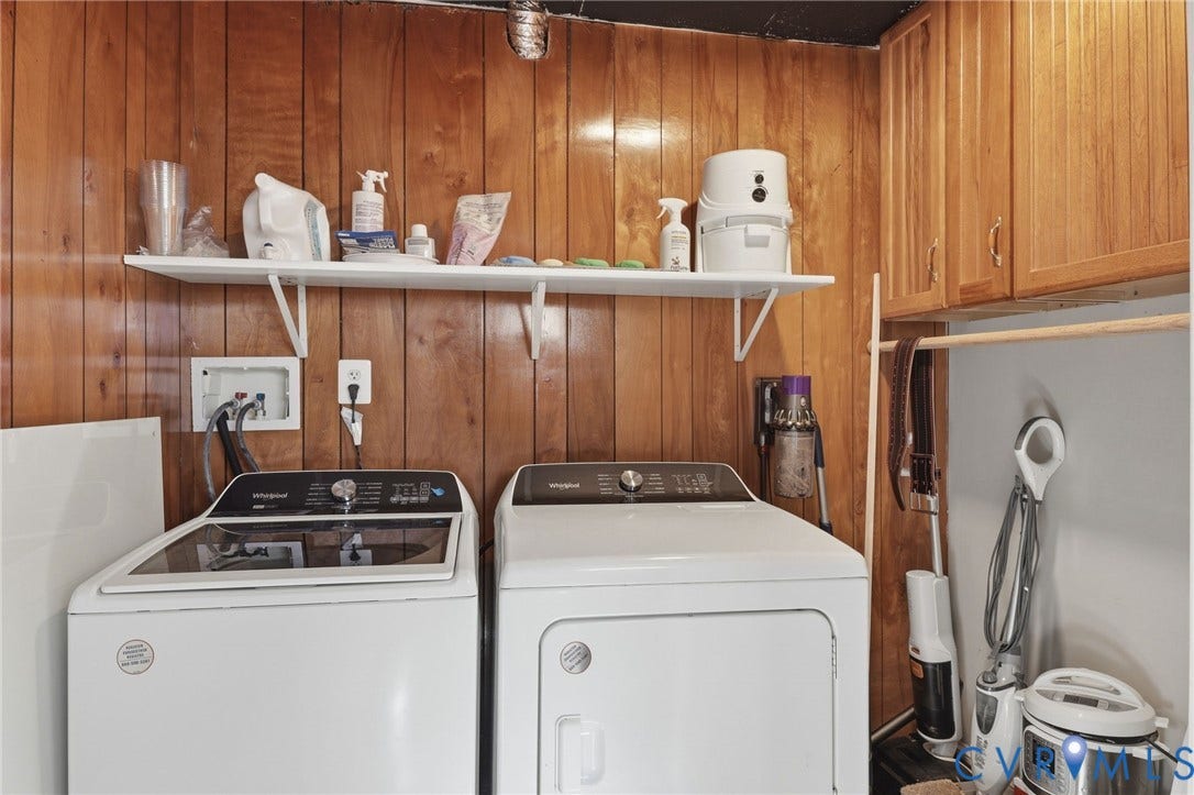 9 E 31st Street, Richmond, VA 23224 Laundry space featuring wood-paneled walls, wall-mounted cabinetry, and a tiered open shelving unit