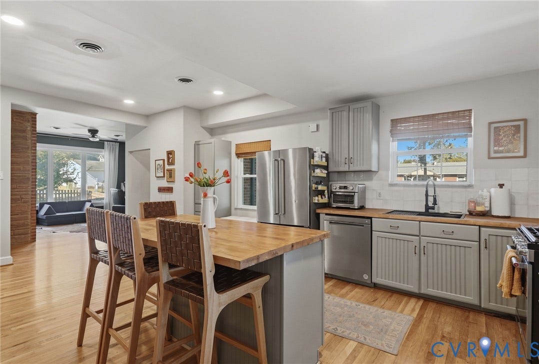 9 E 31st Street, Richmond, VA 23224 Kitchen featuring wood-finish flooring, a central island with a wood countertop, grey cabinetry, stainless steel appliances, and a tiled backsplash