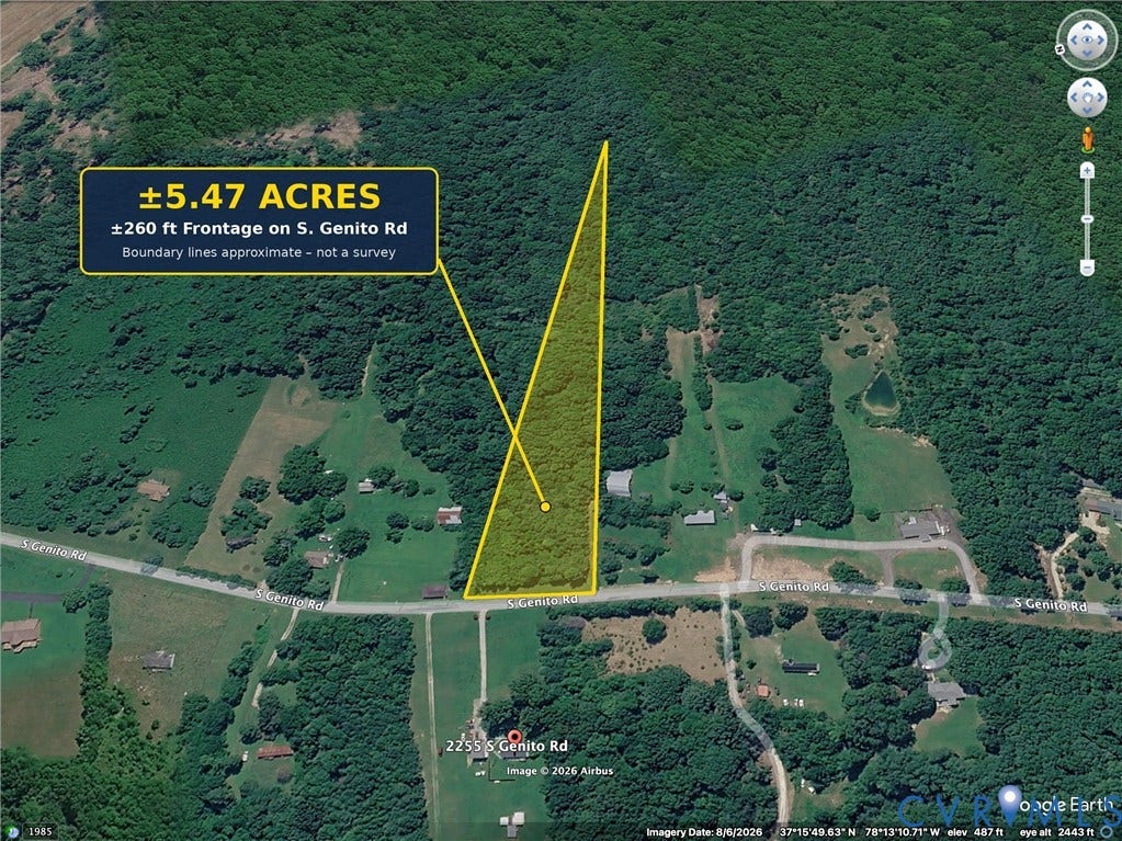 0 S genito Road, Genito, Burkeville, VA 23922 Aerial Site Map. Illustrating the estimated acreage and road frontage of the property