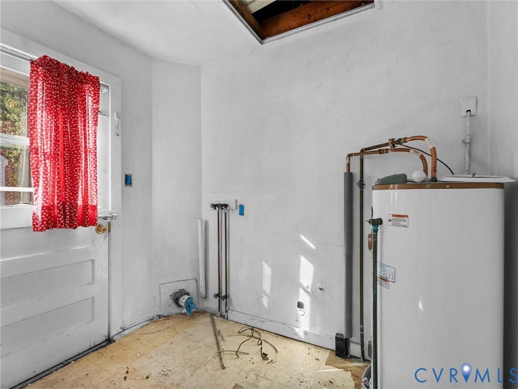 2900 Overton Road, Henrico, VA 23228 Utility area featuring an exterior access door, a standard electric water heater, and exposed plumbing connections