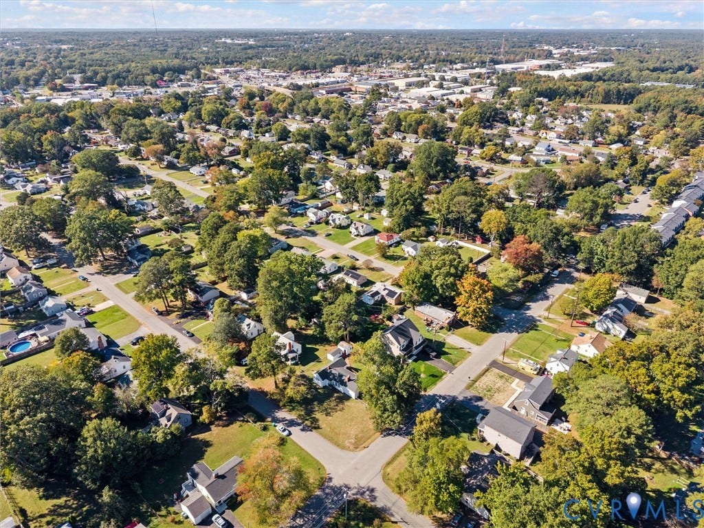 2900 Overton Road, Henrico, VA 23228 Aerial perspective featuring established residential streets with mature tree canopy and surrounding wooded areas