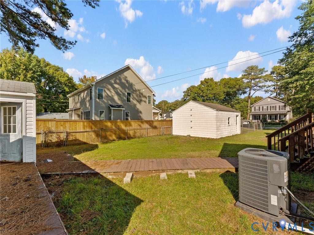 2900 Overton Road, Henrico, VA 23228 Backyard featuring a wood-plank pathway, detached storage structure, privacy fencing, and mature trees