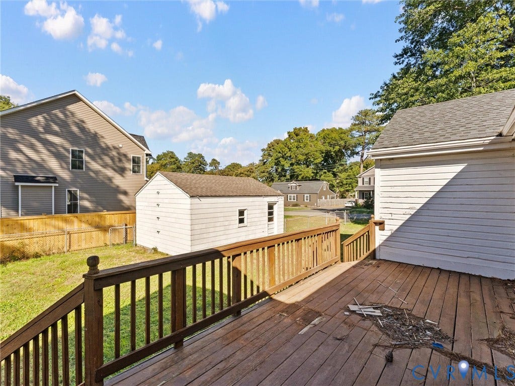 2900 Overton Road, Henrico, VA 23228 Elevated wooden deck with balustrades, detached storage building, and fenced backyard area