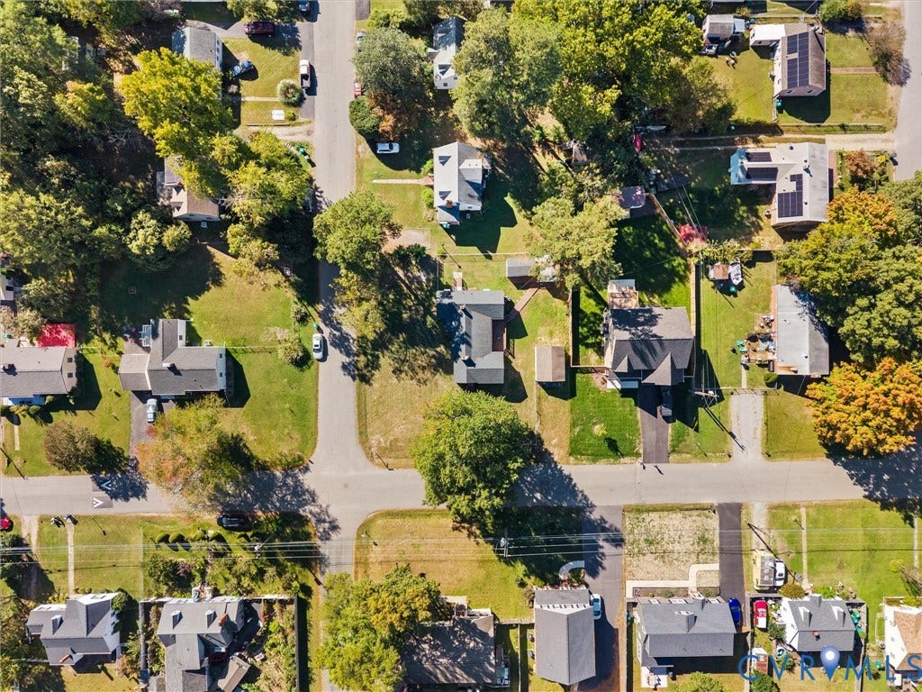 2900 Overton Road, Henrico, VA 23228 Aerial perspective featuring suburban neighborhood lots with mature trees and paved street infrastructure
