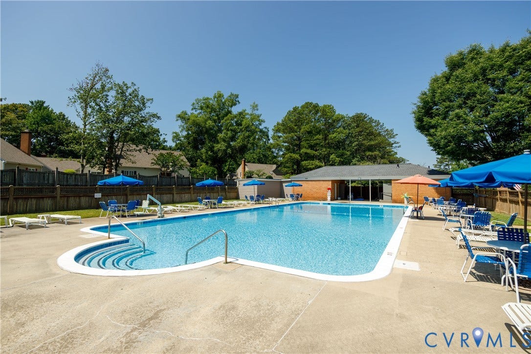 9131 Derbyshire Road, #B, Deerwood Condominiums, Henrico, VA 23229 Rectangular outdoor swimming pool featuring concrete decking, stepped entry, stainless steel handrails, and a brick-constructed pavilion