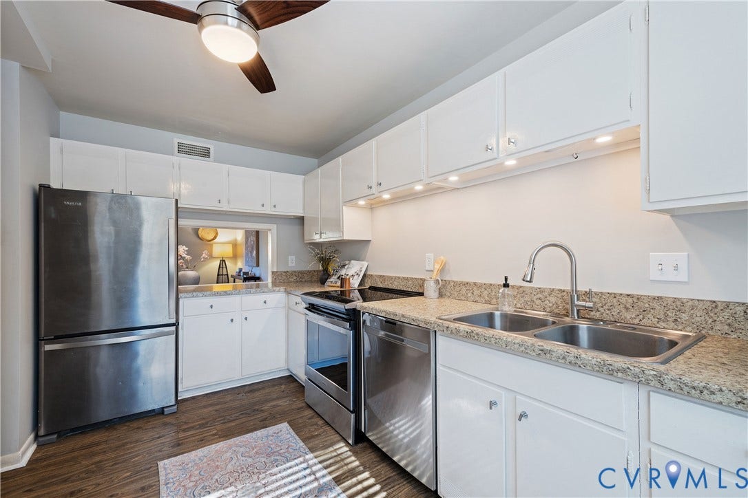 9131 Derbyshire Road, #B, Deerwood Condominiums, Henrico, VA 23229 Kitchen featuring white cabinetry, stone-finish countertops, stainless steel appliances, double-basin sink with pull-down faucet, and wood-finish flooring
