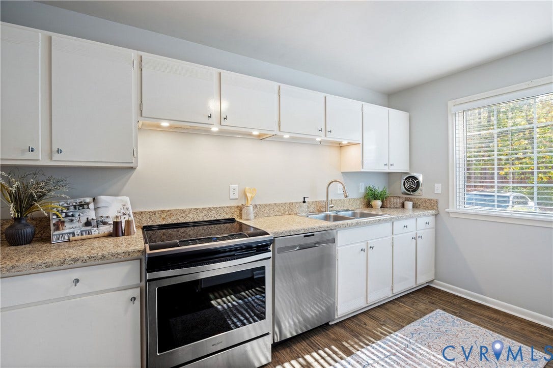 9131 Derbyshire Road, #B, Deerwood Condominiums, Henrico, VA 23229 Kitchen featuring white cabinetry, stone-surface countertops, stainless steel appliances, under-cabinet lighting, and wood-finish flooring