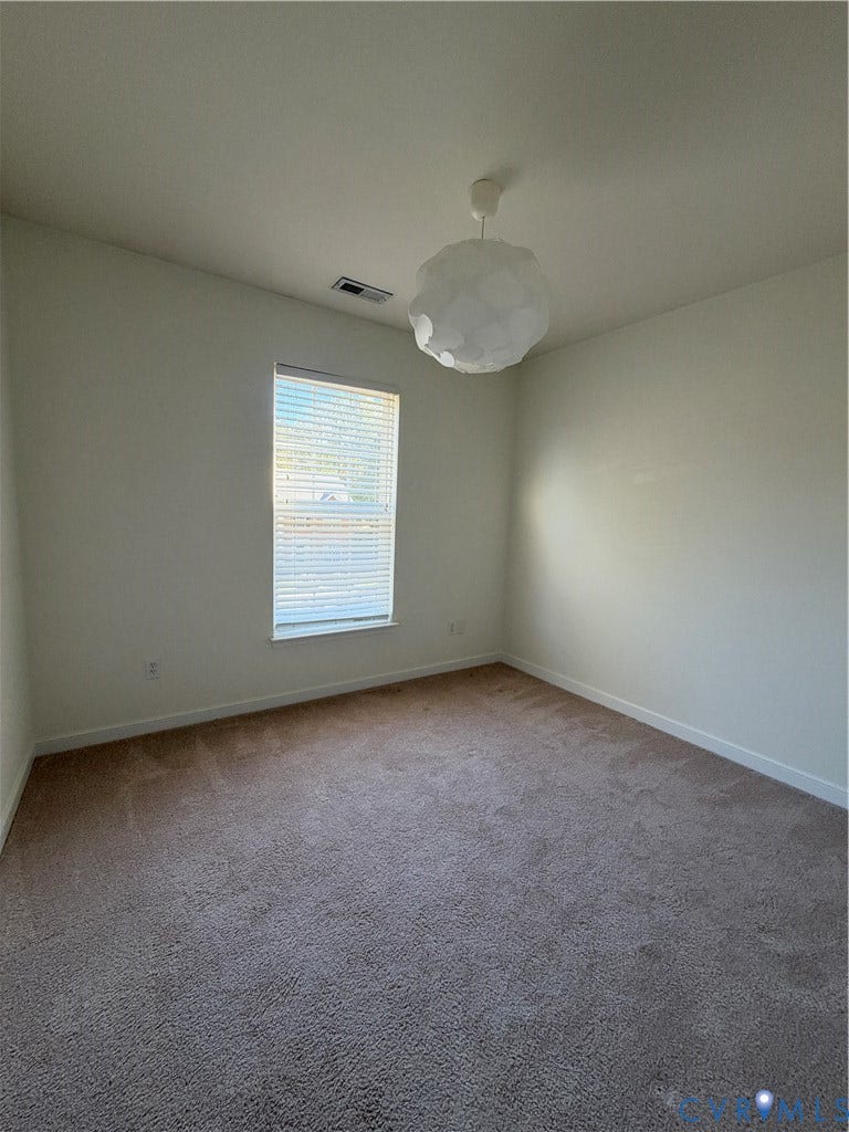 3105 Friars Walk Lane, Glen Allen, VA 23059 Neutral-toned carpeting, single-pane window with integrated blinds, and spherical geometric pendant lighting