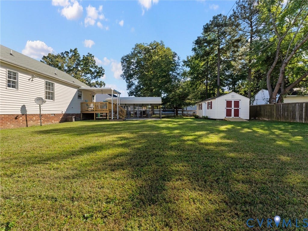 209 Taraby Drive, Hunters Run, Sandston, VA 23150 Expansive backyard featuring a leveled lawn, wood deck, detached storage building, and metal-frame carport