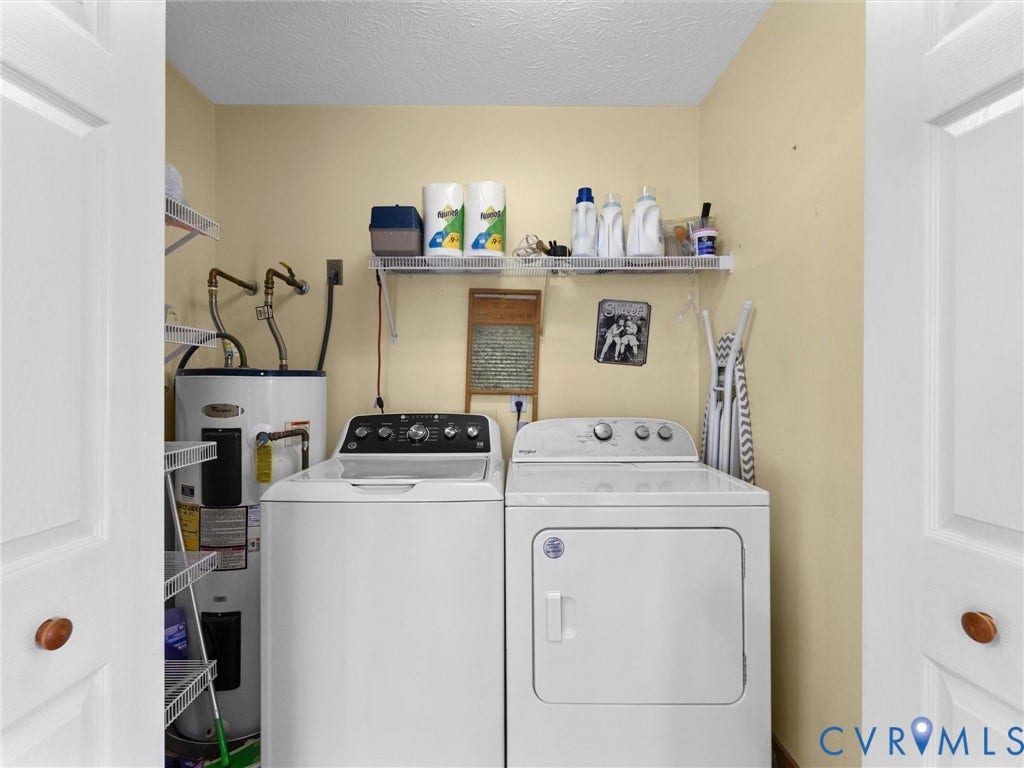 209 Taraby Drive, Hunters Run, Sandston, VA 23150 Laundry closet featuring built-in wire shelving and a dedicated water heater