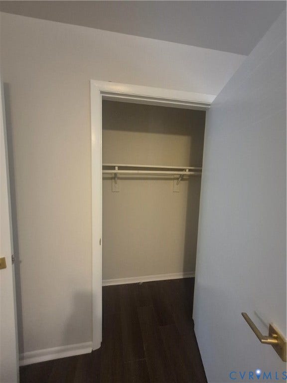 17 Jarratt Court, Petersburg, VA 23803 Closet featuring a built-in shelf and hanging rod, complemented by wood-finish flooring and a brass-tone lever door handle