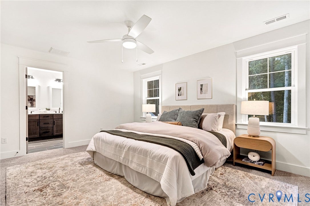 9107 Terroir Lane, Viniterra Villas, New Kent, VA 23124 Neutral-toned bedroom featuring crisp wall trim, multi-pane windows, and an integrated ceiling fan with light fixture