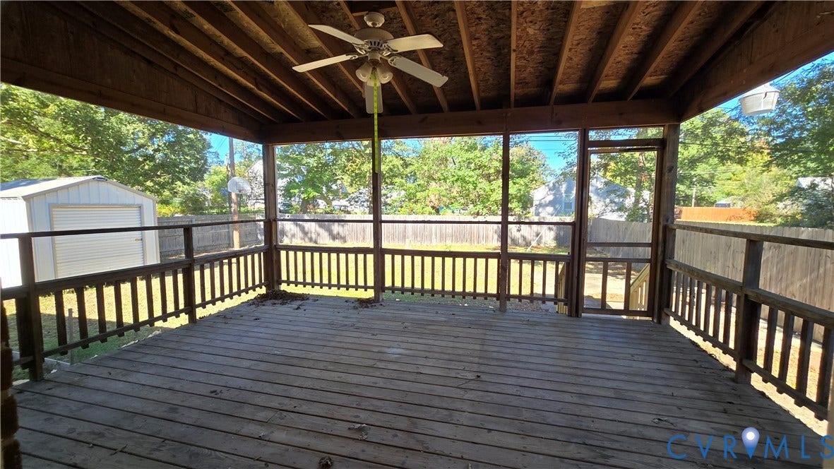 38 Eastlake Drive, Sandston, Sandston, VA 23150 Covered deck featuring exposed wood rafters, a ceiling fan, wood-plank flooring, and perimeter railing