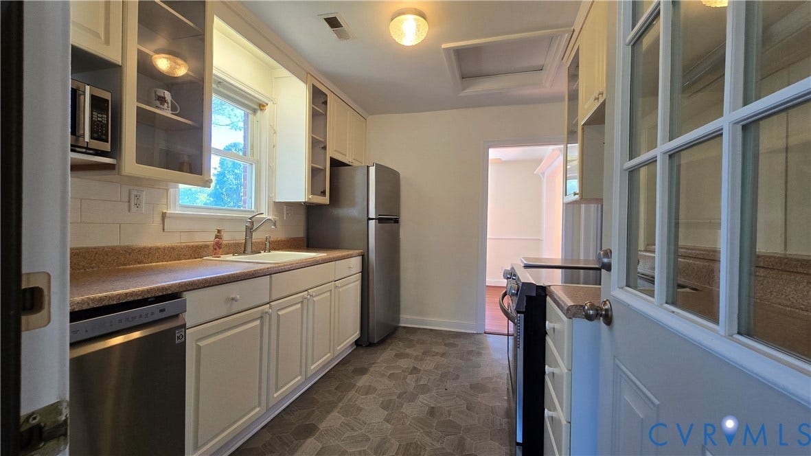 38 Eastlake Drive, Sandston, Sandston, VA 23150 Kitchen featuring white cabinetry, stainless steel appliances, tile backsplash, and patterned flooring