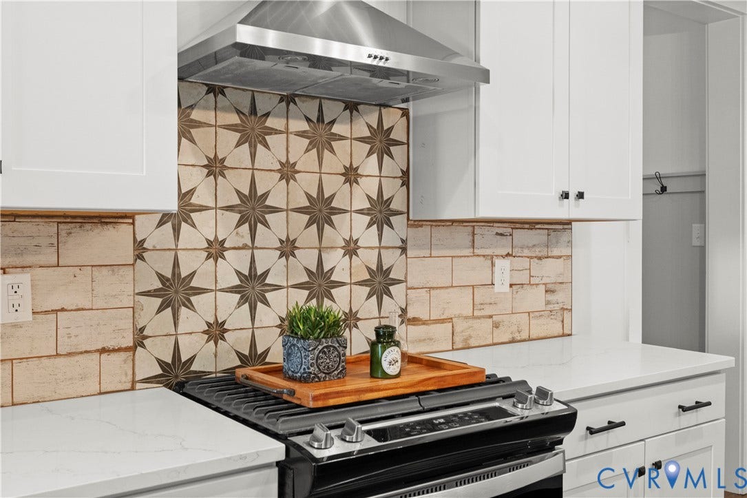 2613 Lilybank Place, NewMarket At RounTrey, Midlothian, VA 23112 Kitchen featuring white cabinetry, quartz countertops, a patterned tile backsplash, and a stainless steel range hood