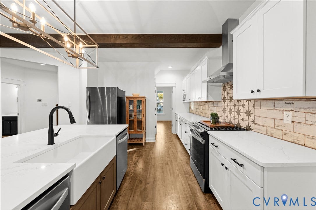 2613 Lilybank Place, NewMarket At RounTrey, Midlothian, VA 23112 Kitchen featuring white cabinetry, quartz countertops, a farmhouse-style apron sink, a patterned tile backsplash, and a wooden ceiling beam