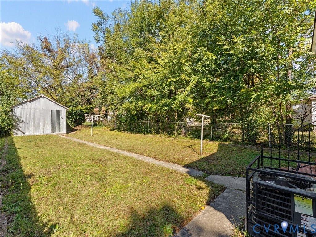 2305 Halifax Avenue, Oak Grove, Sandston, VA 23224 Backyard featuring a detached metal storage shed, chain-link perimeter fencing, and mature trees