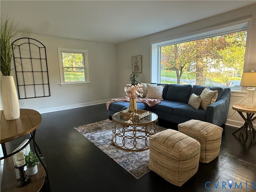 533 Williamsdale Drive, Midlothian, VA 23235 Living area featuring dark-stained wood-finish flooring, a large picture window, and neutral wall tones