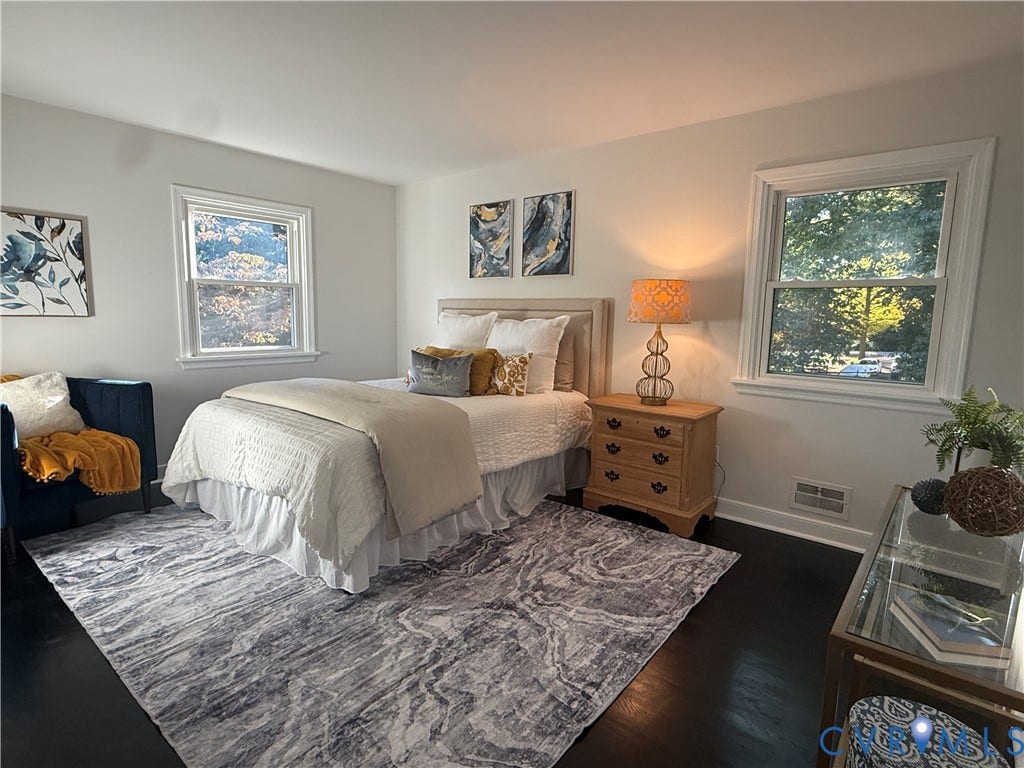 533 Williamsdale Drive, Midlothian, VA 23235 Spacious room featuring dark-stained wood-finish flooring, neutral wall tones, and two double-hung windows