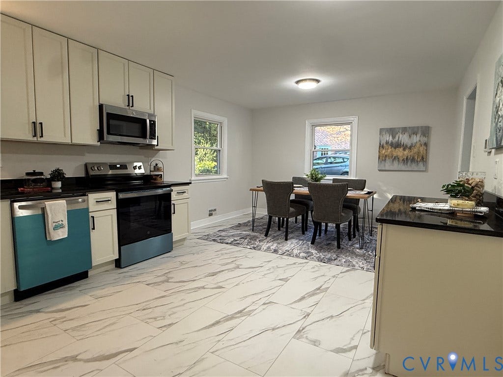 533 Williamsdale Drive, Midlothian, VA 23235 Kitchen featuring white cabinetry, dark countertops, integrated stainless steel appliances, and large-format tile flooring