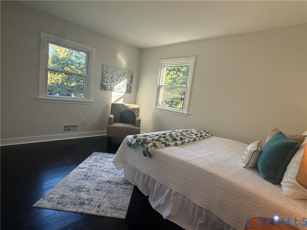 533 Williamsdale Drive, Midlothian, VA 23235 Room featuring dark wood-finish flooring, neutral wall paint, and two double-hung windows with white casing
