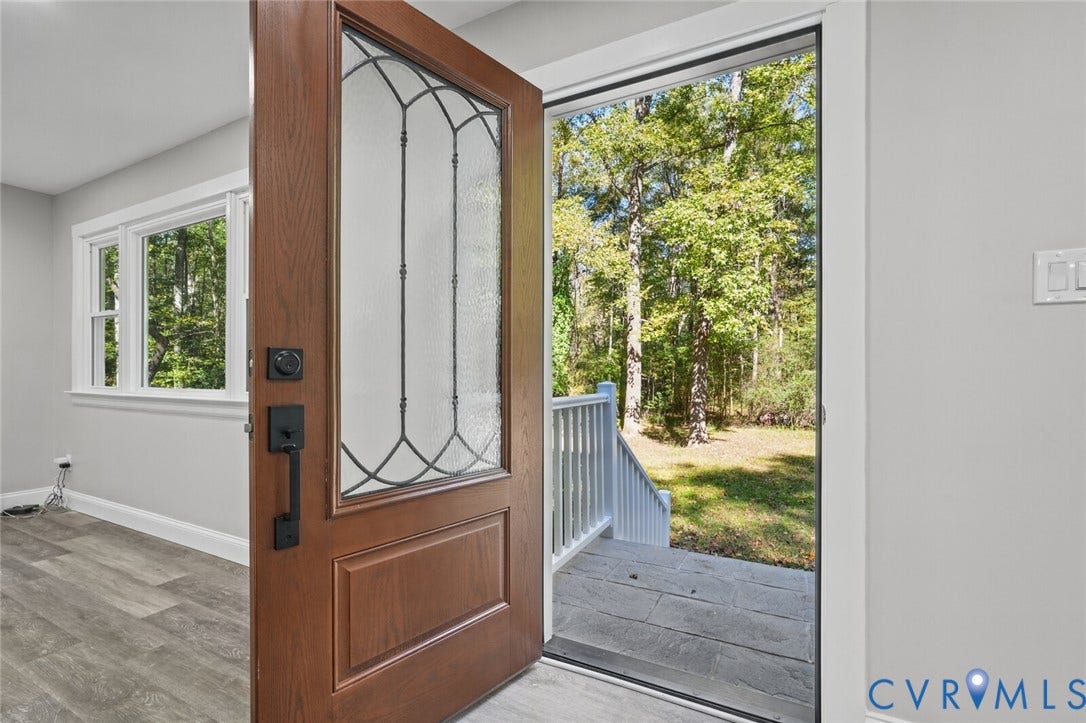 15227 Horseshoe Bridge Road, Hanover, VA 23047 Solid wood-finish entry door with decorative glass insert, black hardware, wood-finish flooring, and natural stone exterior porch