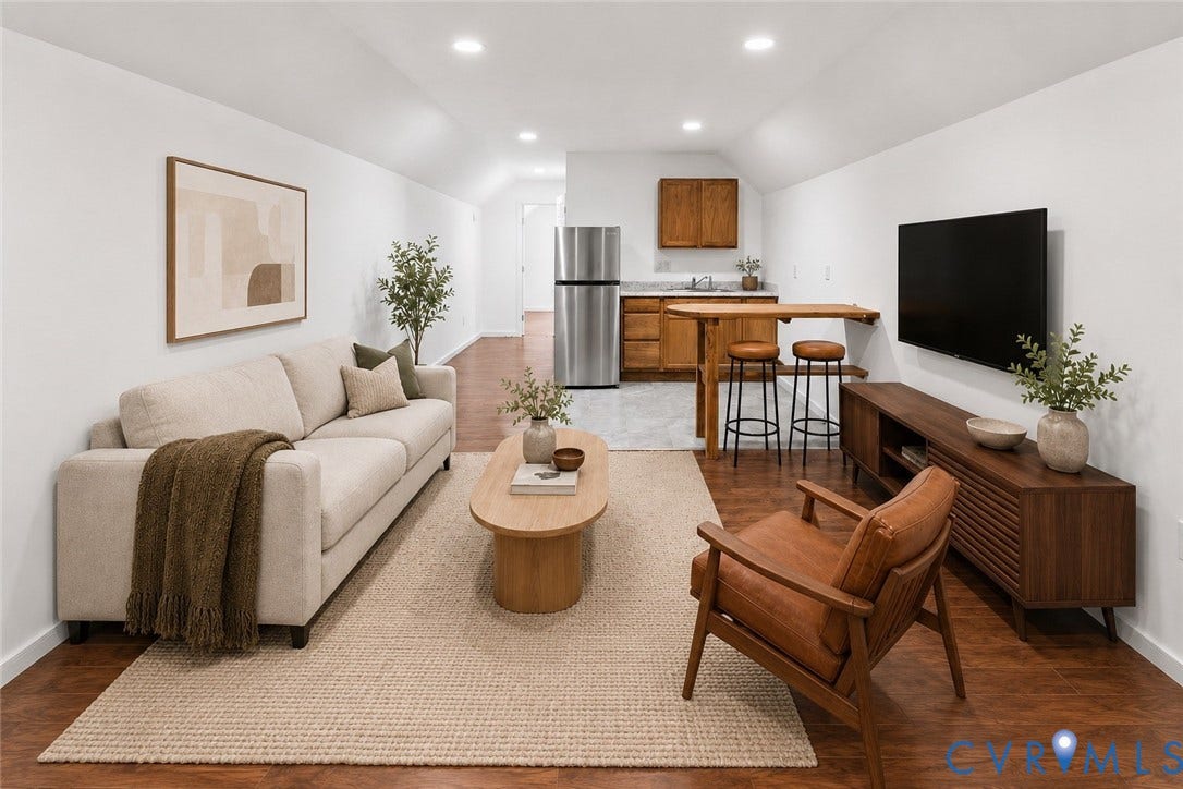7040 Old Roxbury Road, Average, New Kent, VA 23141 Finished interior space featuring wood-finish flooring, recessed lighting, and a kitchenette equipped with wood cabinetry and a stainless steel refrigerator