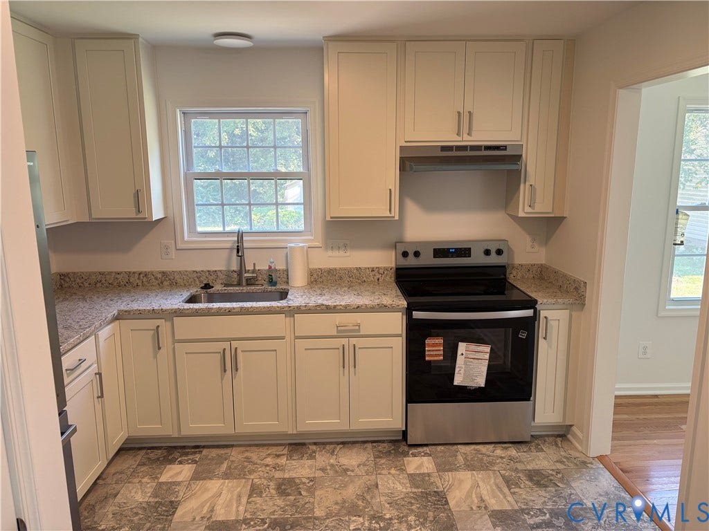 1708 Shewalt Drive, Fairfield, VA 23228 Kitchen featuring off-white shaker cabinetry, speckled stone-finish countertops, stainless steel appliances, a double-basin undermount sink, and tile flooring