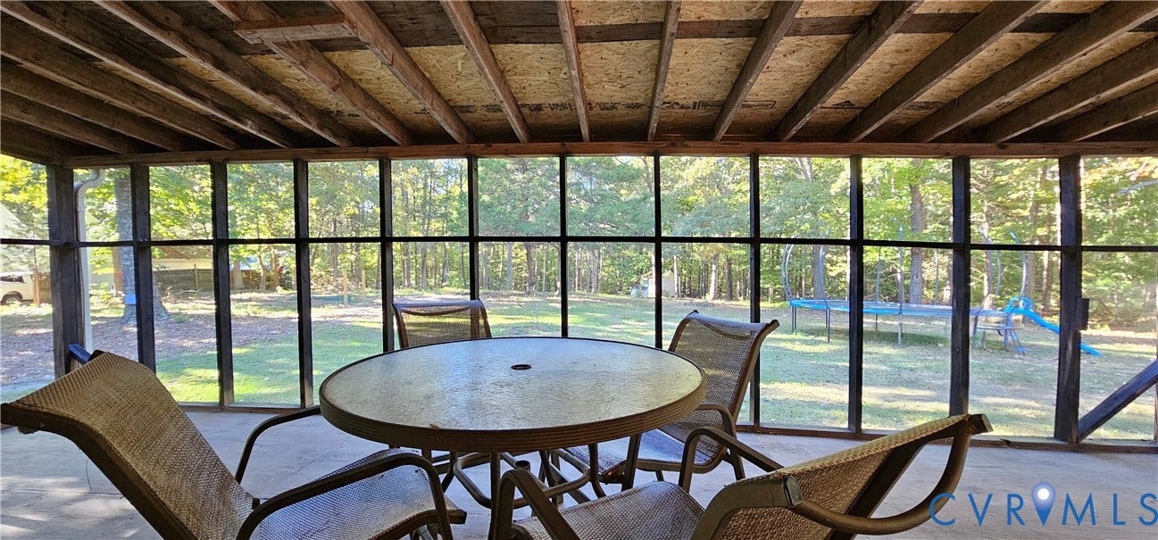 24110 Genito Road, Amelia, VA 23002 Screened porch featuring an exposed wood-beam ceiling, concrete flooring, and metal-frame screen panels