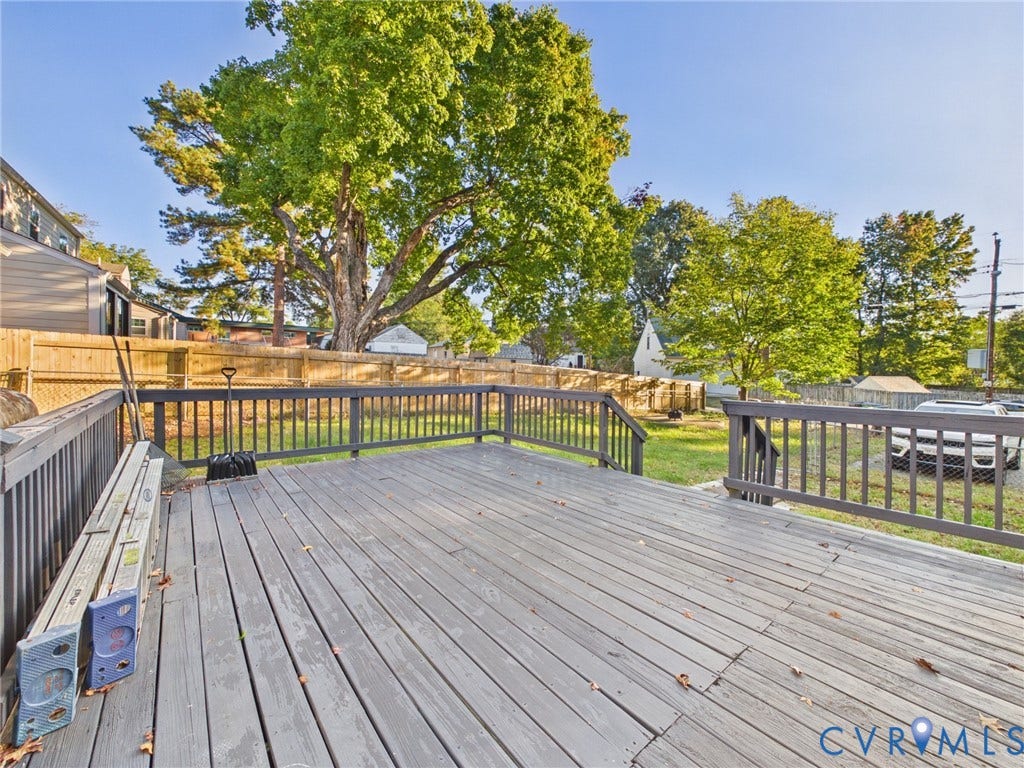 6902 Three Chopt Road, Richmond, VA 23226 Elevated wood-plank deck with railing, natural backdrop, and fenced yard area