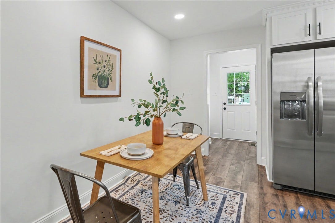 1210 N 24th Street, Church Hill Central, Richmond, VA 23223 Wood-finish flooring, white shaker-style cabinetry, stainless steel side-by-side refrigerator with exterior water dispenser, and exterior-access door with inset window glass