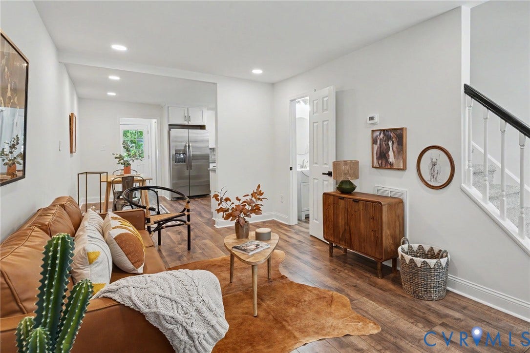 1210 N 24th Street, Church Hill Central, Richmond, VA 23223 Interior space featuring wood-finish flooring, recessed lighting, and a staircase with white balusters and a dark handrail