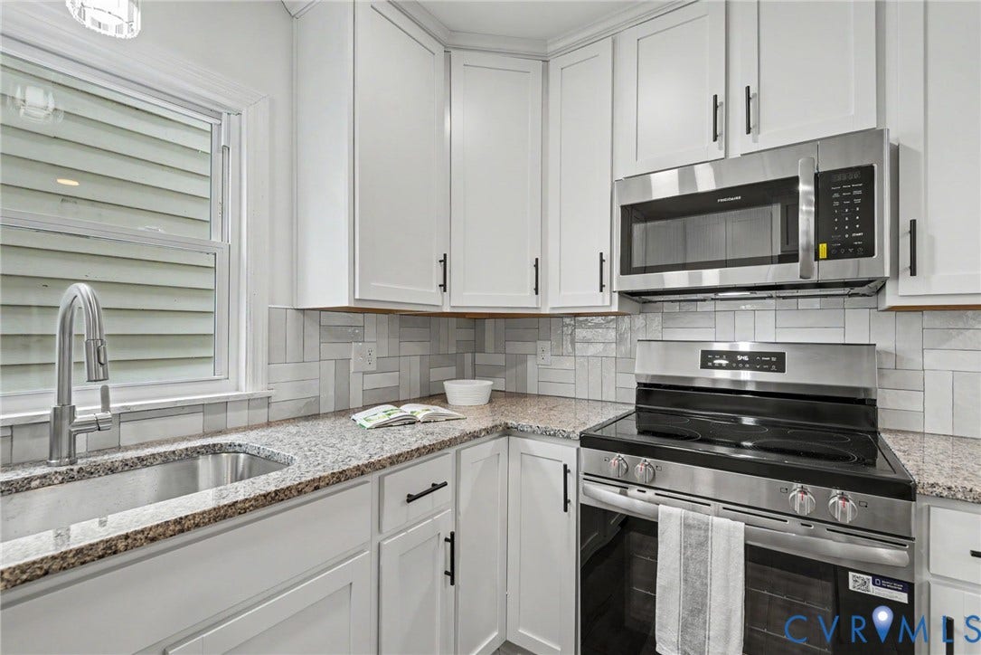 1210 N 24th Street, Church Hill Central, Richmond, VA 23223 Kitchen featuring white shaker-style cabinetry, stone-finish countertops, stainless steel appliances, a herringbone-pattern tile backsplash, and a stainless steel gooseneck faucet