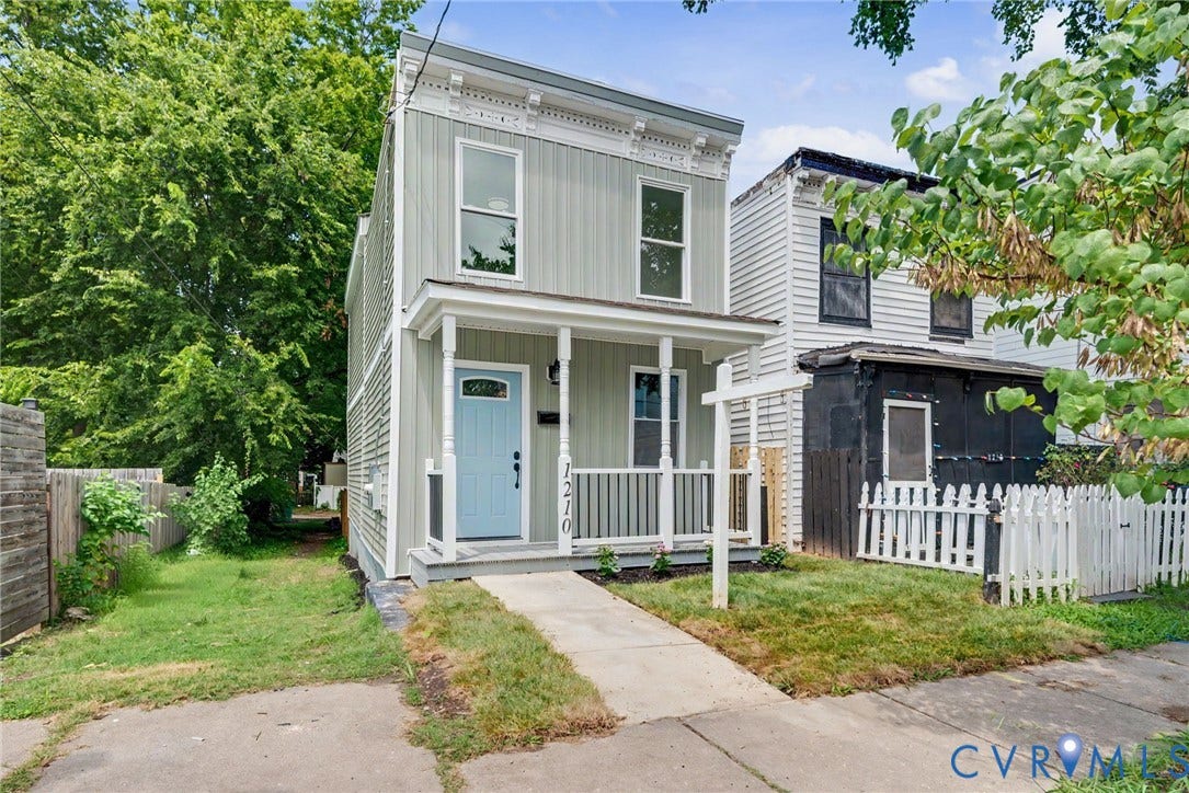 1210 N 24th Street, Church Hill Central, Richmond, VA 23223 Vertical siding exterior with decorative corbel trim, covered front porch, and light blue entry door
