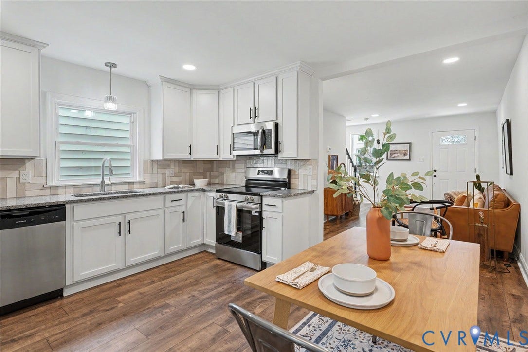 1210 N 24th Street, Church Hill Central, Richmond, VA 23223 Kitchen featuring white shaker-style cabinetry, stainless steel appliances, speckled stone-finish countertops, and a neutral tile backsplash, with wood-finish flooring extending throughout