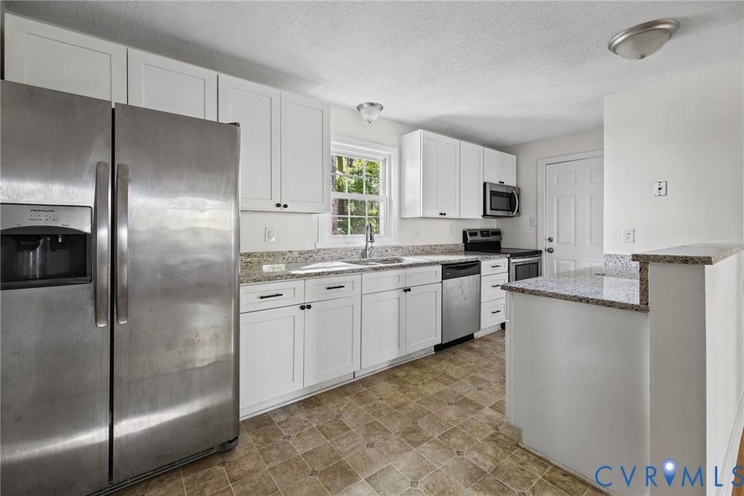 509 Overcliff Court, Walton Park, Midlothian, VA 23114 Kitchen featuring white cabinetry, stone-finish countertops, stainless steel appliances, and a pass-through breakfast bar