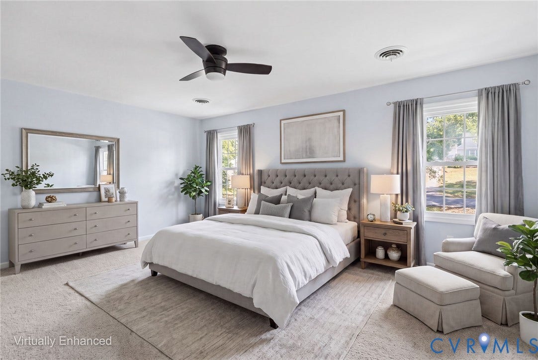 509 Overcliff Court, Walton Park, Midlothian, VA 23114 Spacious room featuring neutral carpeting, double-hung windows, and a matte black ceiling fan