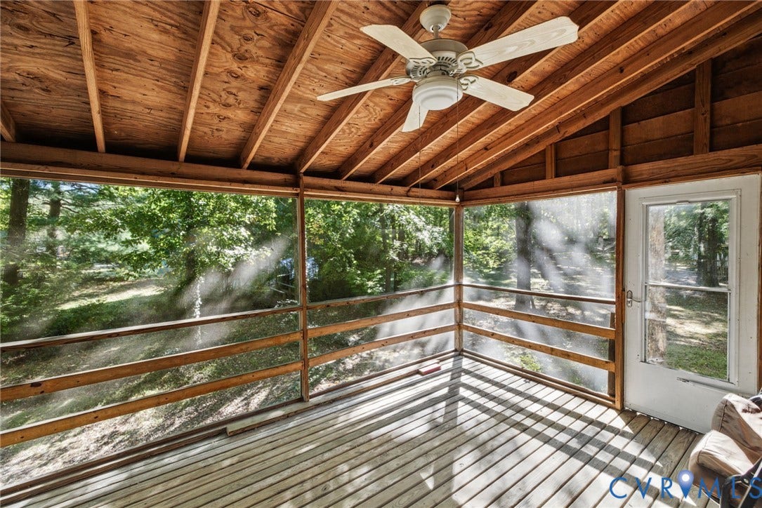 509 Overcliff Court, Walton Park, Midlothian, VA 23114 Screened porch featuring exposed wood beam rafters, wood-plank flooring, a ceiling fan with integrated lighting, and full-height mesh screening