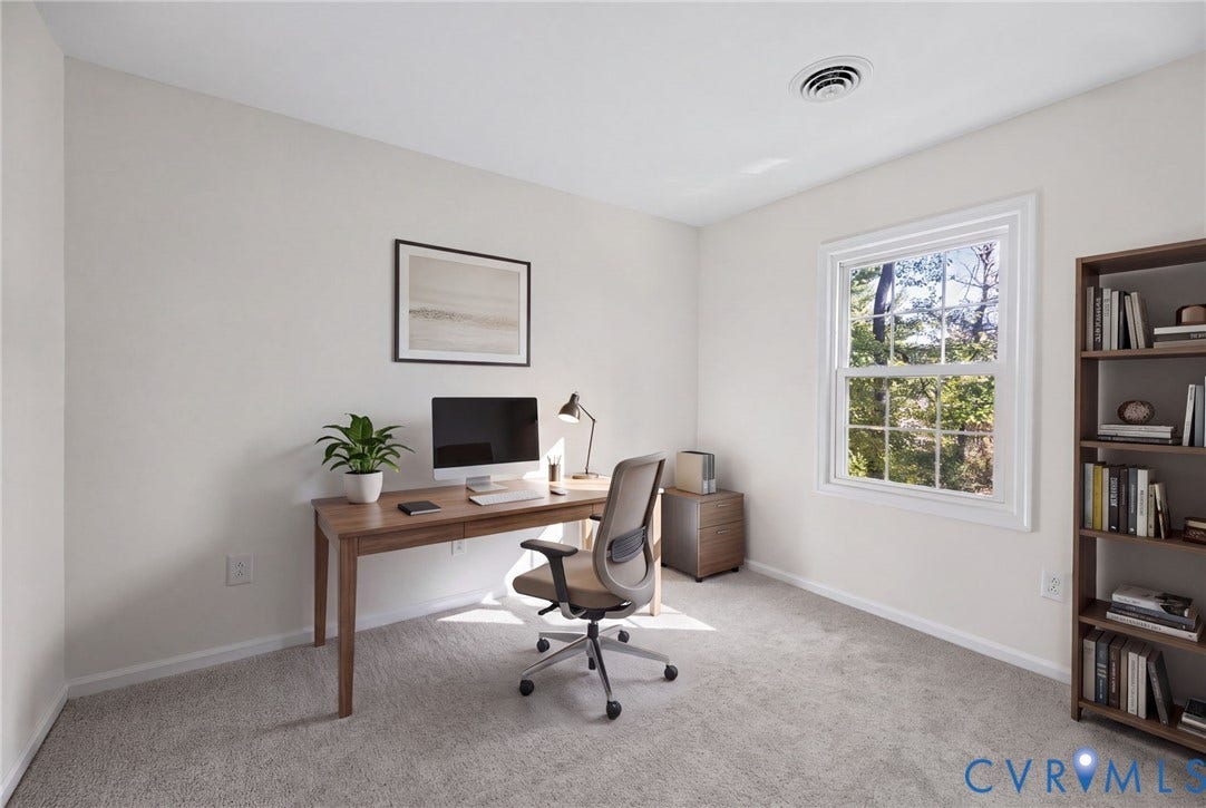 509 Overcliff Court, Walton Park, Midlothian, VA 23114 VIRTUALLY STAGED Neutral wall paint, plush carpeting, and a double-hung window featuring a grid-pattern sash