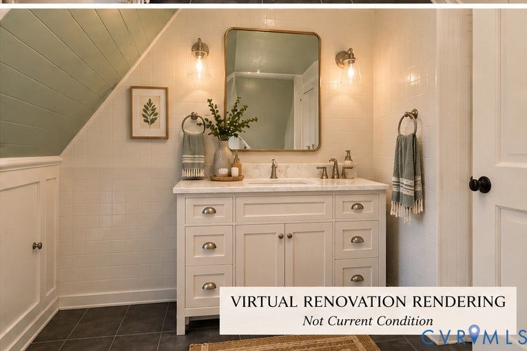 4114 Crestwood Road, Established, Richmond, VA 23227 Bathroom featuring a white vanity with stone-style countertop, rectangular undermount sink, brass-tone hardware, two glass-shade wall sconces, and rectangular-framed mirror