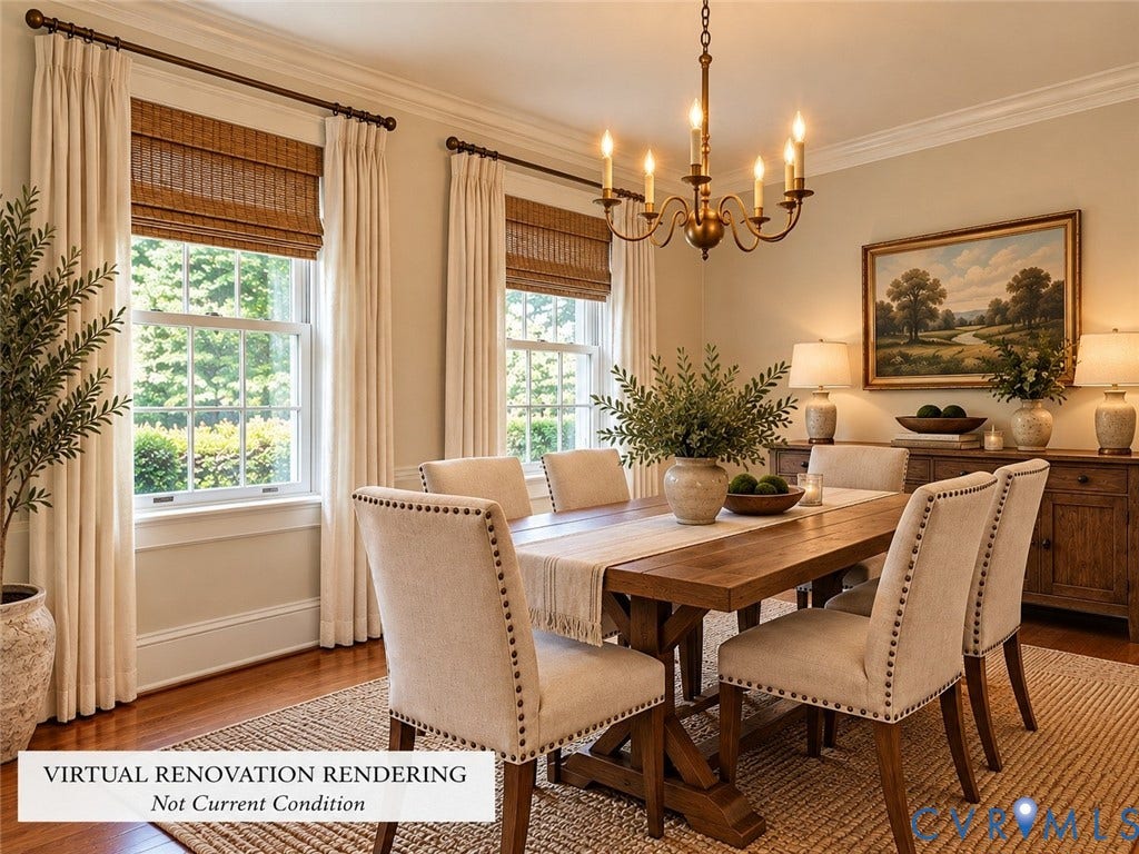 4114 Crestwood Road, Established, Richmond, VA 23227 Dining room featuring hardwood flooring, multi-pane windows with woven shades, crown molding, and a six-light metallic chandelier